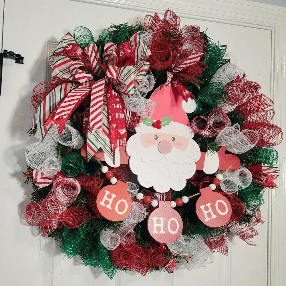 Festive SANTA HO HO HO Holiday Christmas Wreath - Red, Green, White